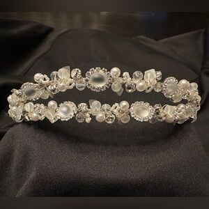 Vintage Crystal & Pearl Silver Bridal Tiara Headband - Elegant White Accents